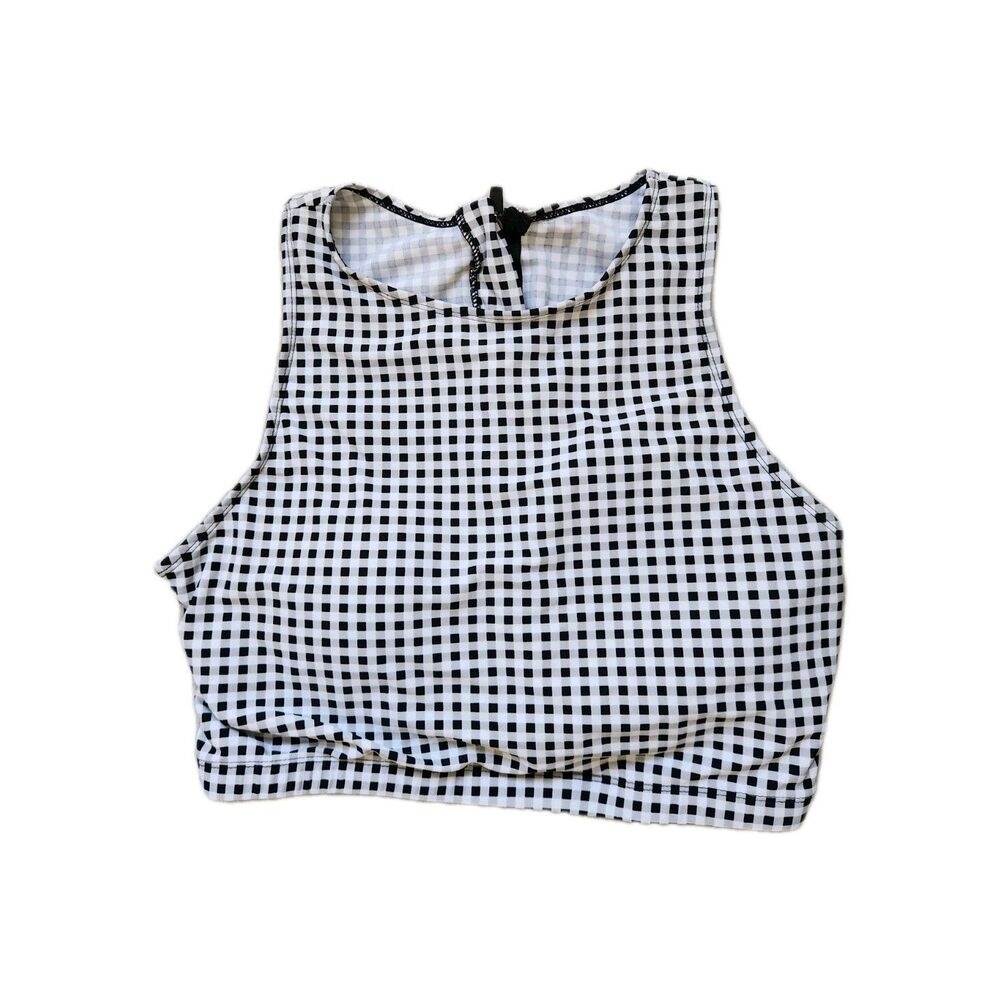 Coral Reef Swim Black White Gingham High Neck Bikini Swim Top Back Zip XL EUC